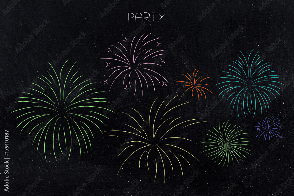 Obraz premium fireworks in different shapes and colors with caption