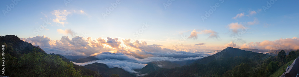 Panoramic, beautiful Misty Morning Sunrise