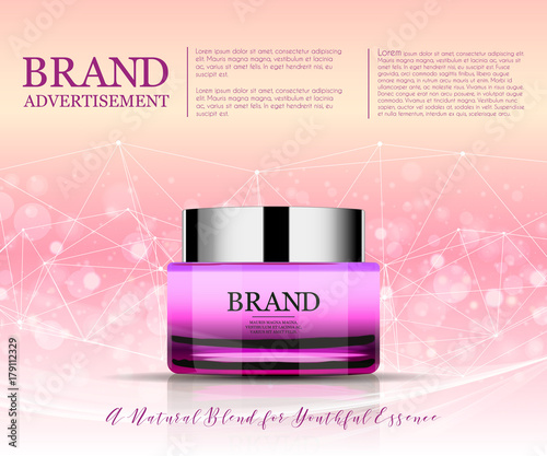 Beauty anti aging cream ad. Cosmetics package design. 3d vector beauty illustration. Moisturizing facial cream mask glass jar on sparkling liquid background with water bubbles. Product package mock-up