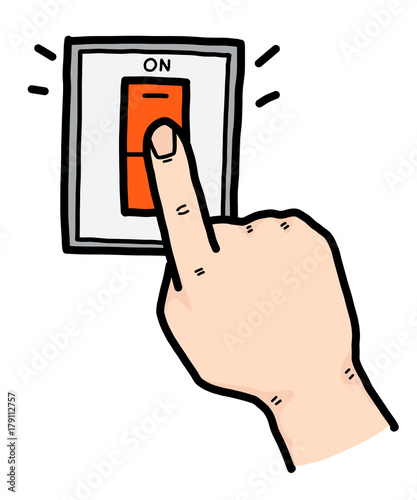 hand pushing electric switch / cartoon vector and illustration, hand drawn style, isolated on white background.