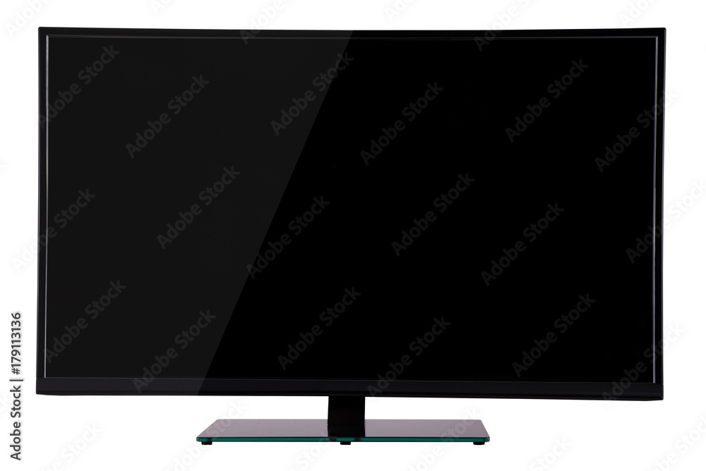 modern slim plasma TV on black glass stand isolated on a white background modern slim plasma TV on black glass stand isolated on a white background