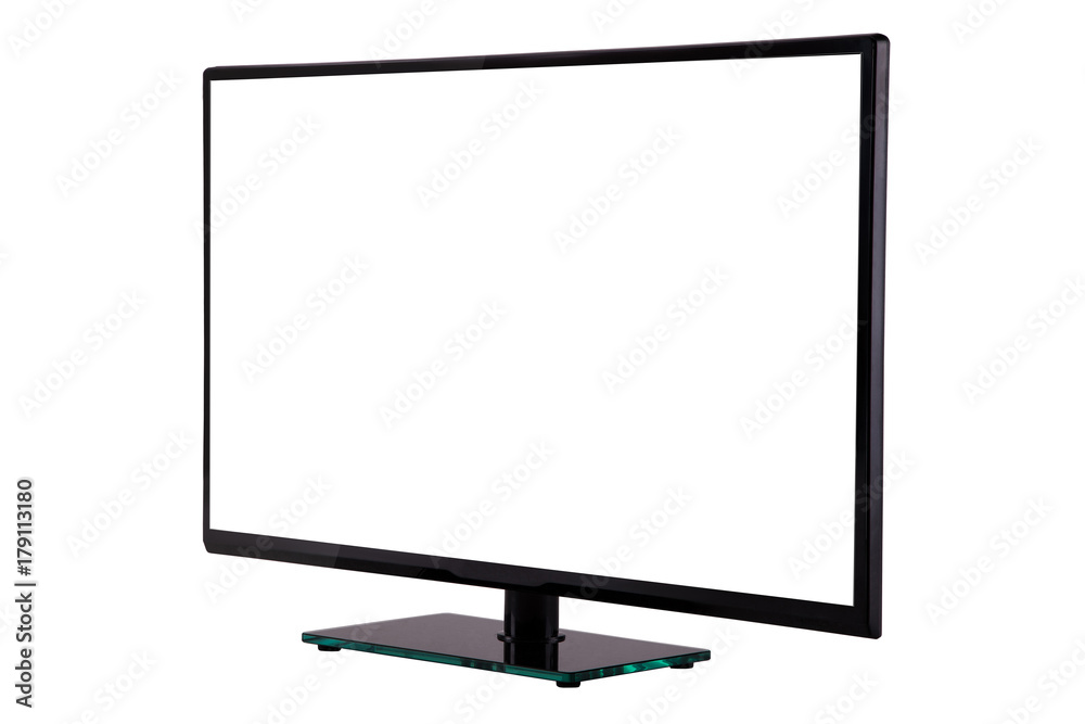 modern thin plasma LCD TV on a black glass stand isolated on a white background