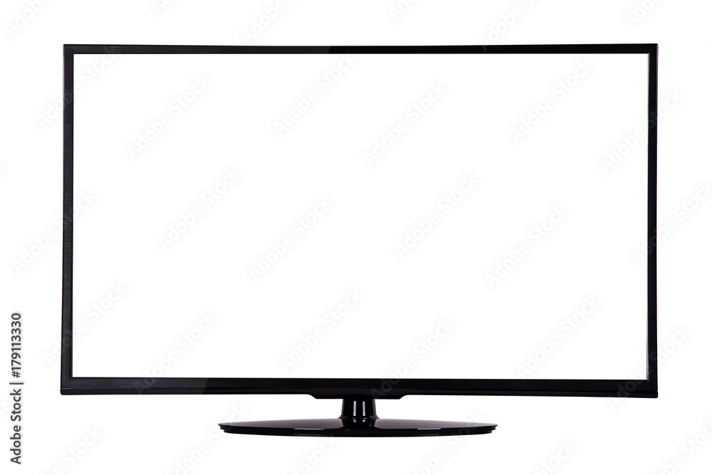 modern slim plasma TV on a black stand isolated on a white background