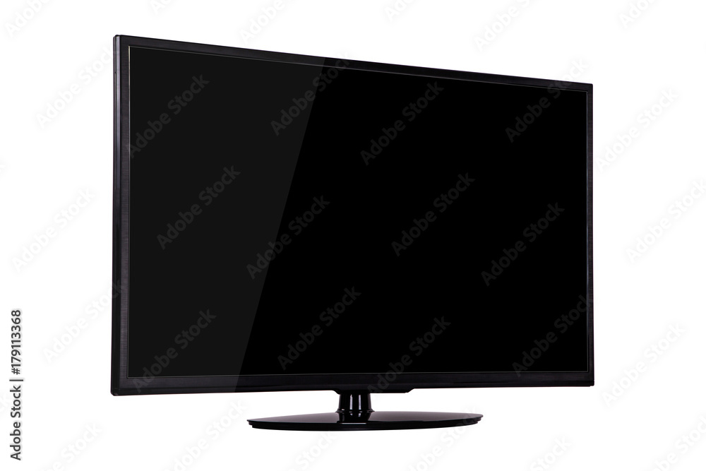 modern slim plasma TV on a black stand isolated on a white background modern slim plasma TV on a black stand isolated on a white background