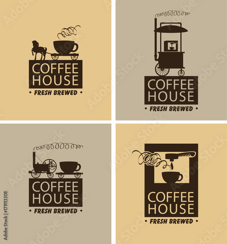 Vector set of four banners for coffeehouse with the lettering fresh brewed and with silhouettes of vintage mobile cafe and coffee machine in retro style