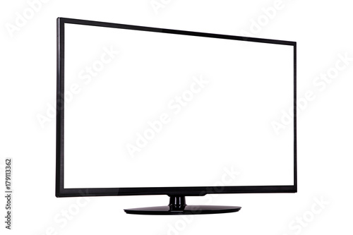modern slim plasma TV on a black stand isolated on a white background