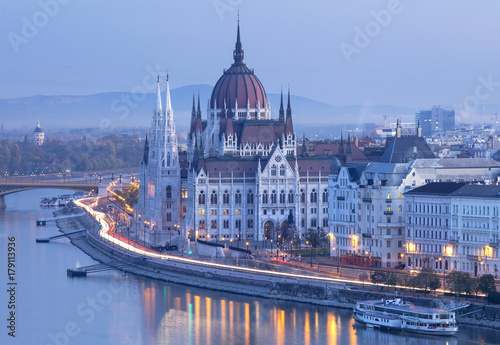 Early morning with car trails and city view in Budapest in Hungary