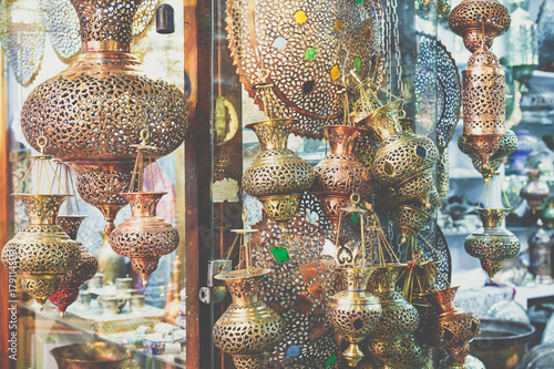 Traditional iranian market (Bazaar) metal souvenires. photo