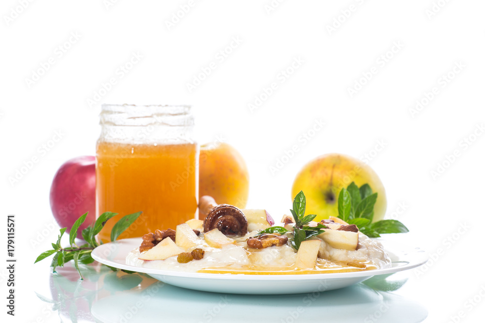 sweet milk oatmeal with apples, nuts and honey sweet milk oatmeal with apples, nuts and honey