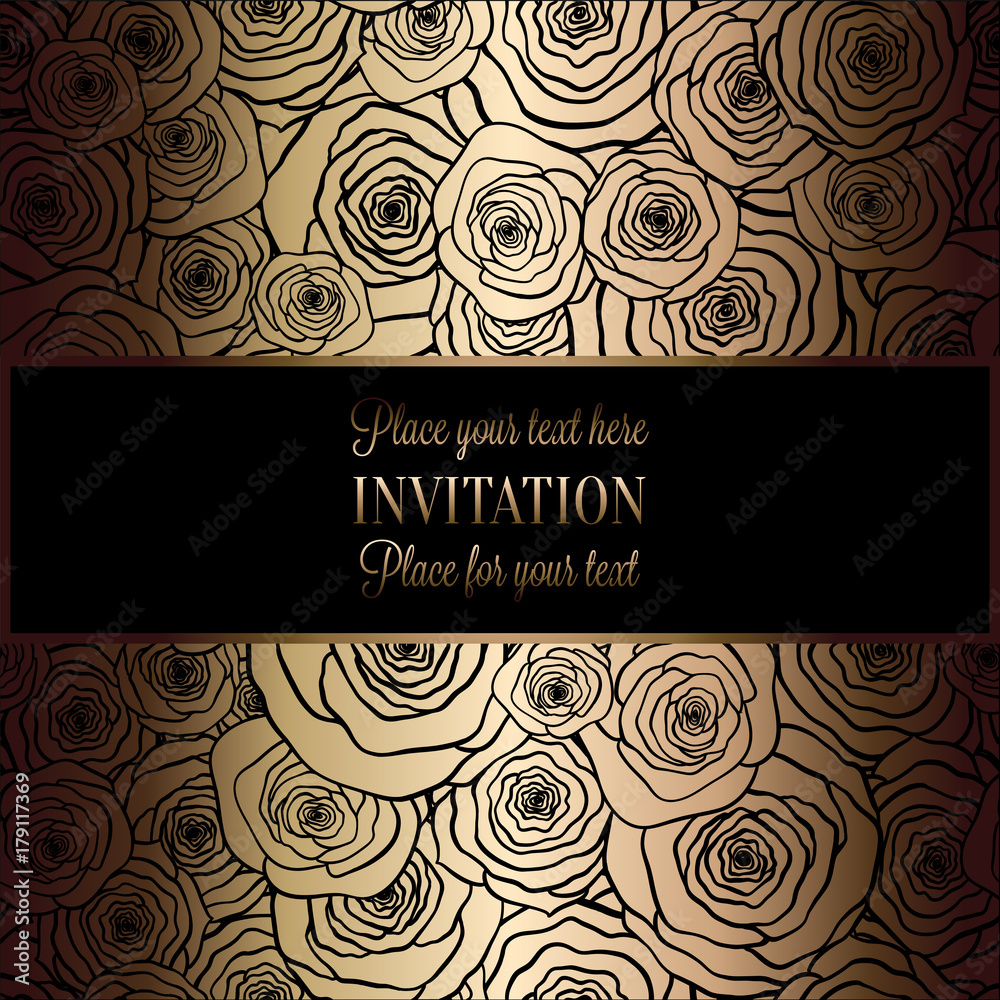 Abstract background with roses, luxury black and gold vintage frame, victorian banner, damask floral wallpaper ornaments, invitation card, baroque style booklet, fashion pattern, template for design