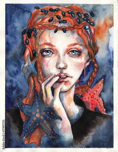 Beautiful girl with red hair and blue eyes. Mermaid with starfish. Watercolor illustration on abstract background