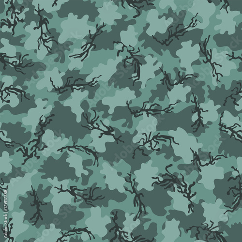 Camouflage pattern background seamless vector illustration. Classic clothing style masking camo repeat print. Green brown black olive khaki colors forest texture