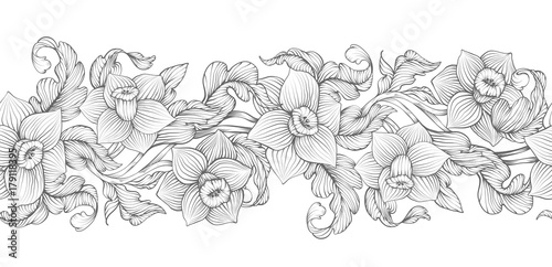 Daffodils narcissus dense outline sketch drawing floral seamless border. Spring flowers black and white foliage vector illustration.