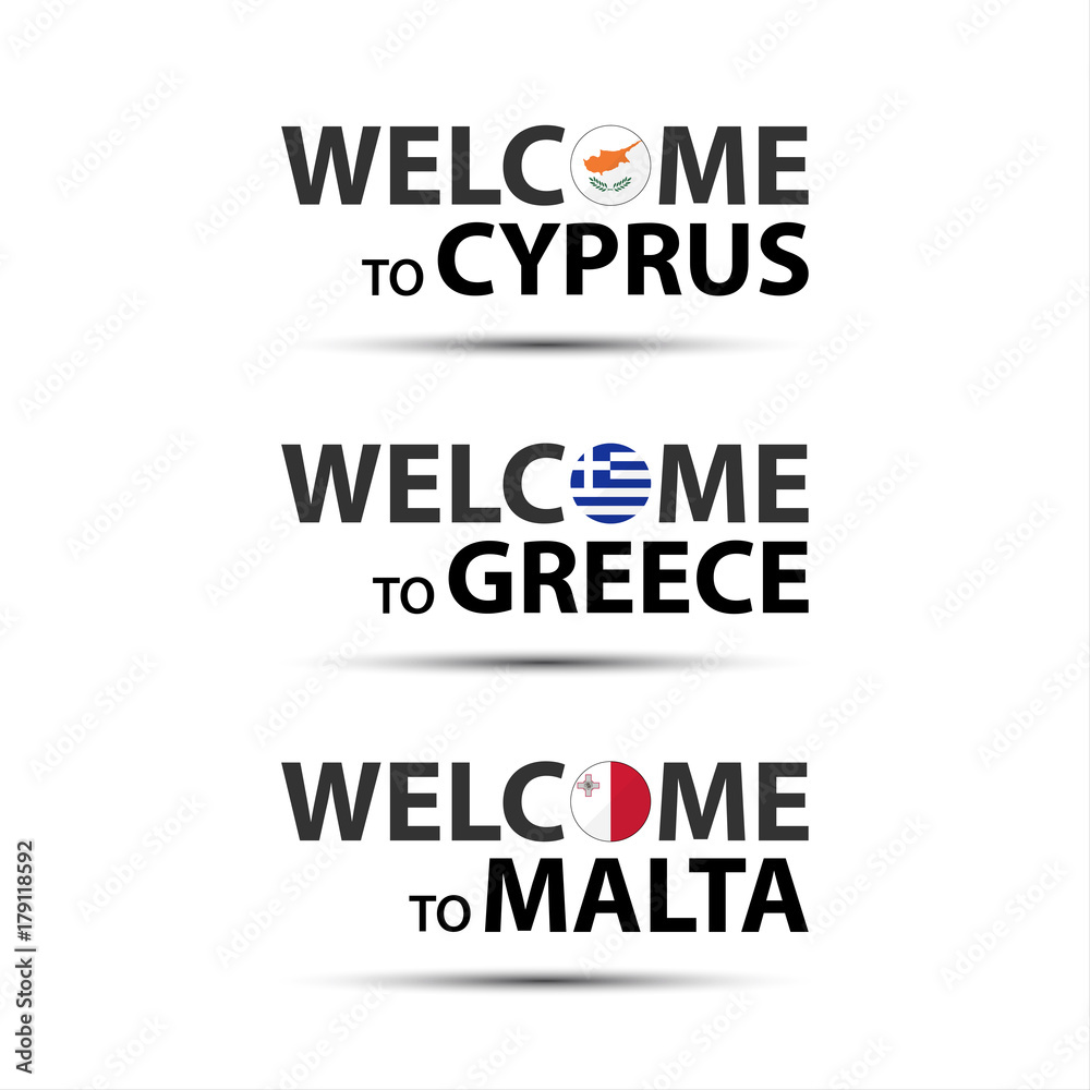 Welcome to Cyprus, welcome to Greece and welcome to Malta symbols with flags, simple modern Cypriot, Greek and Maltese icons isolated on white background, vector illustration