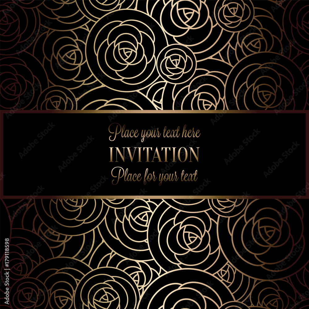 Abstract background with roses, luxury black and gold vintage frame, victorian banner, damask floral wallpaper ornaments, invitation card, baroque style booklet, fashion pattern, template for design