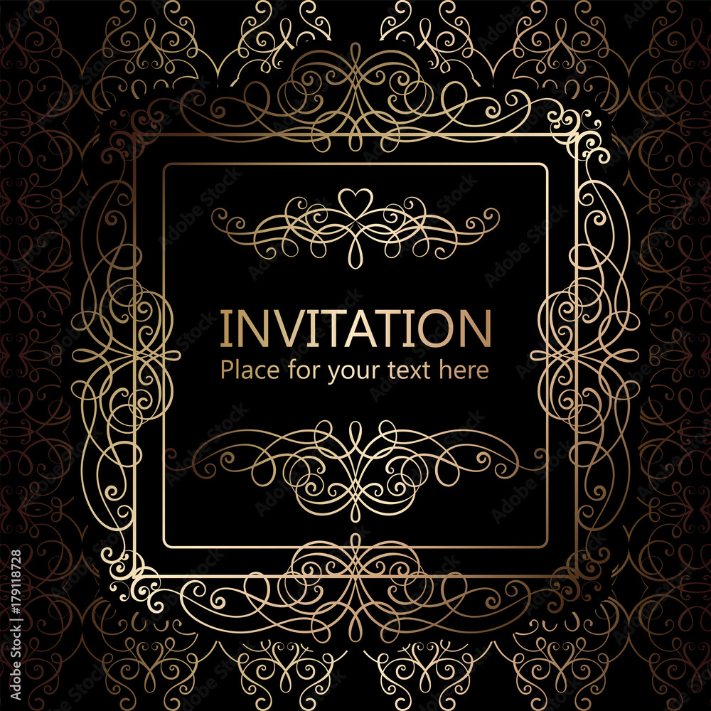 Abstract background with calligraphic luxury gold flourishes and vintage frame, victorian banner,wallpaper ornaments, invitation card, baroque style booklet, fashion pattern, template for design.