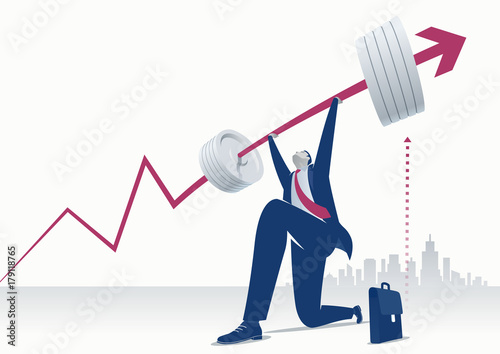 Power. Businessman pushing upwards a business chart looking like a heavy barbell. Concept business illustration