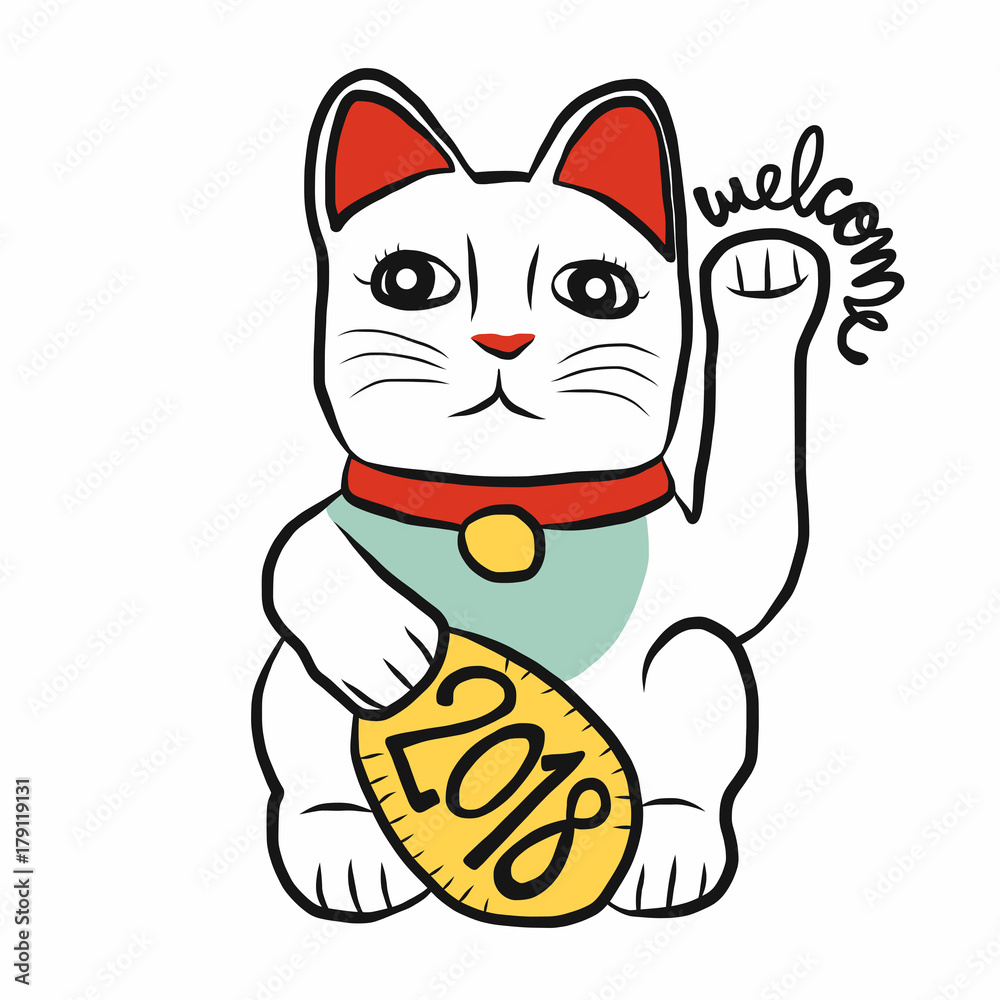 Lucky cat (maneki neko) welcome 2018 cartoon vector illustration Lucky cat (maneki neko) welcome 2018 cartoon vector illustration