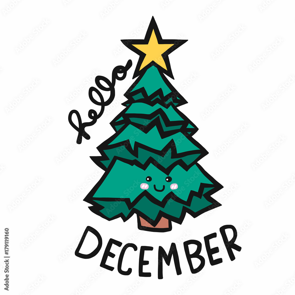 Hello December christmas tree cartoon vector illustration
