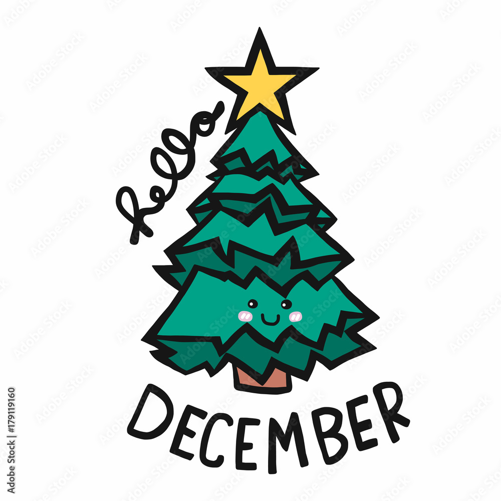 Hello December christmas tree cartoon vector illustration Hello December christmas tree cartoon vector illustration