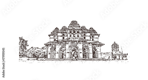 Sketch of Lotus Mahal Hampi Hampi, Karnataka, India in vector illustration. Ancient stone palace structure with tranquil gardens, arches & elaborate carvings.