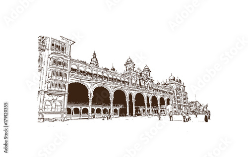 Sketch of Mysore Palace, is a historical palace and a royal residence at Mysore in the southern Karnataka state of India in vector illustration.