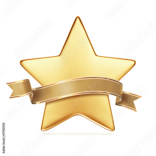 Gold star with golden ribbon banner - arc up and wavy ends