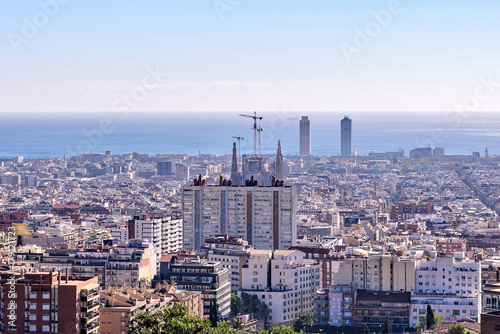 Barcelona city View from Park Guell at sunrise. Beautiful blue sky