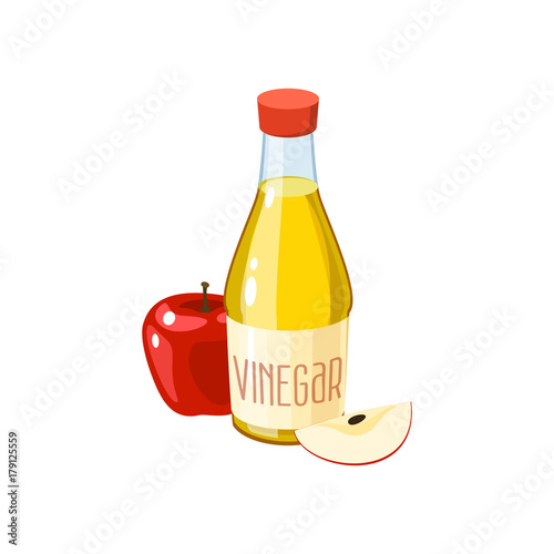 Red apple and bottle of vinegar. Vector illustration cartoon flat icon isolated on white.