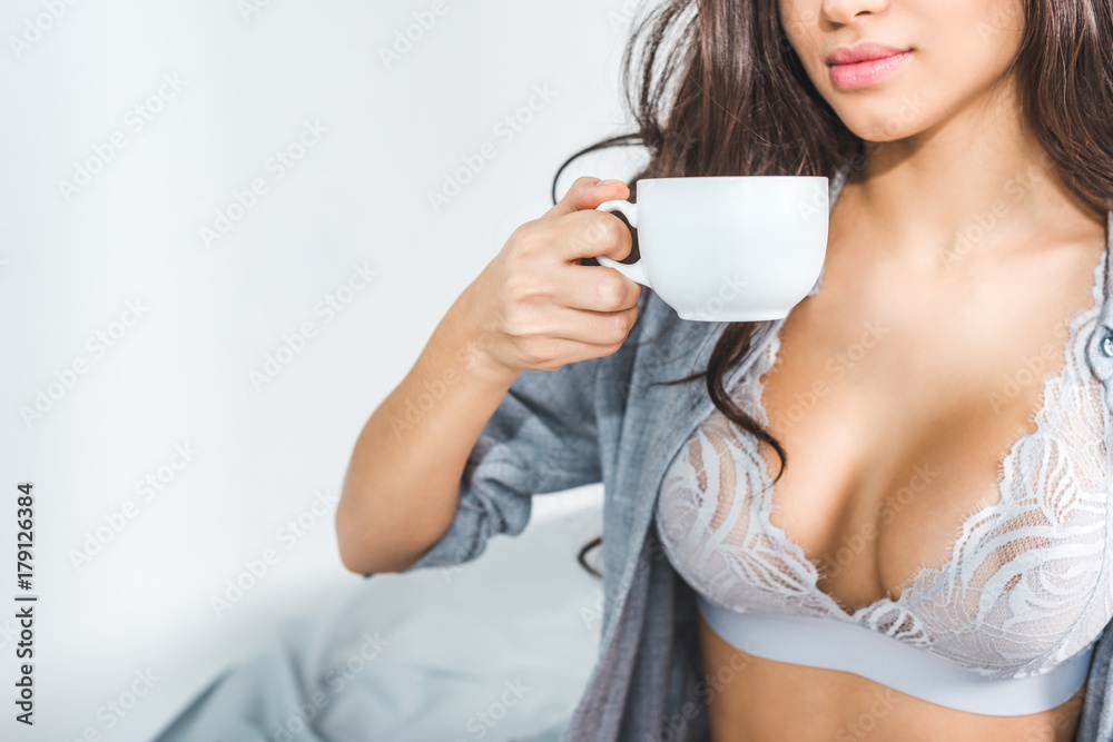 girl in lingerie drinking coffee