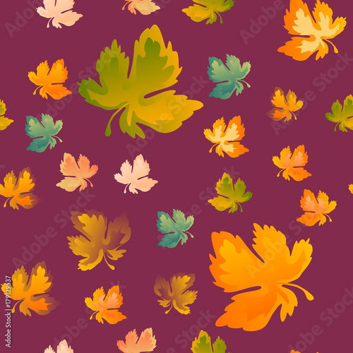 Autumn leaves seamless pattern, vector background. Red, yellow and green maple leaf, For the design of wallpaper, fabric, decoration material
