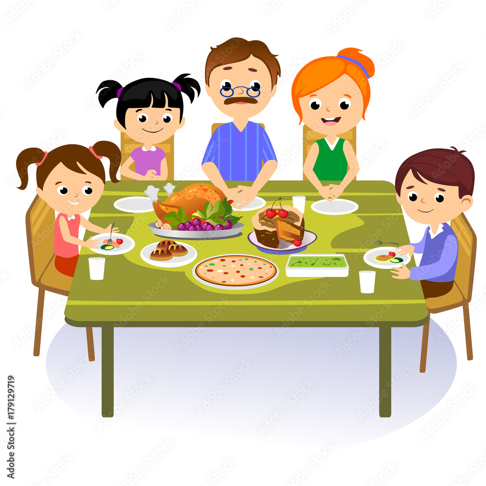 thanksgiving set, isolated happy family at the dinner table eat turkey drink wine. Mother father with childrens celebrate together traditional autumn holiday. People give thanks vector illustration thanksgiving set, isolated happy family at the dinner table eat turkey drink wine. Mother father with childrens celebrate together traditional autumn holiday. People give thanks vector illustration