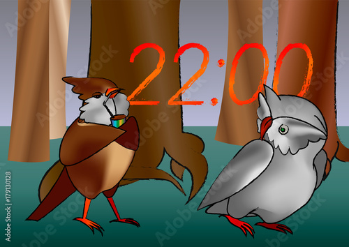 Illustration of a night walk of a lark and an owl
