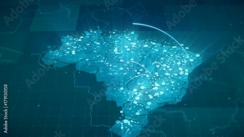 This animated blue Brazil map with connections between important centers of cities or other indicators. Perfect For: hi-tech promotion, dynamic slideshows,, trailers, sci-fi openers and etc.
