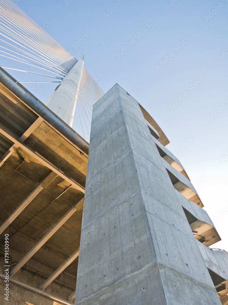 Sunny autumn morning below cable bridge in Belgrade, Serbia Sunny autumn morning below cable bridge in Belgrade, Serbia