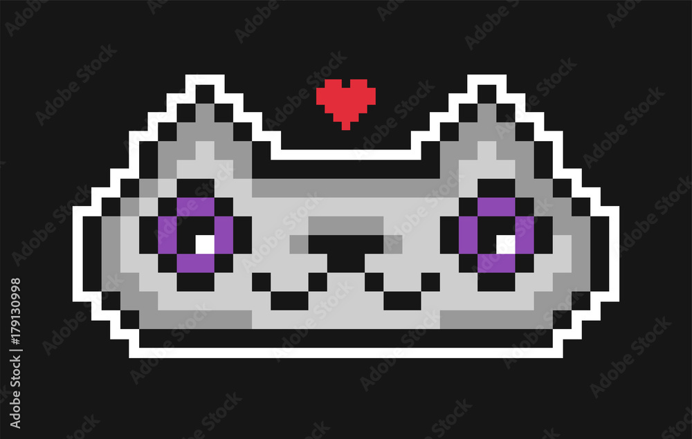 Fototapeta premium Cute nice gray pixel cat. Pixel art. Domestic cat portrait. It can be used for printing on t-shirts, postcards, stickers, or for your design. Modern style.