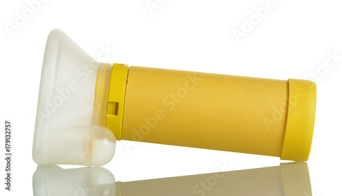 Inhaler for asthmatics with baby mask, isolated on white