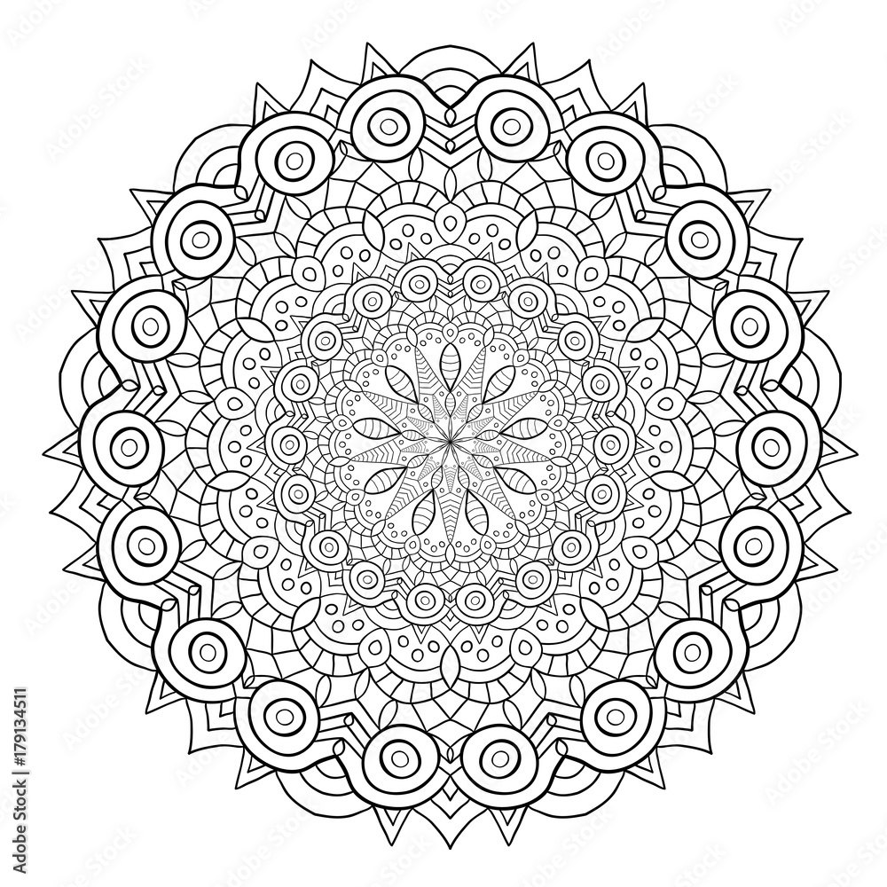 Unique mandala design. Round ornamental pattern for coloring book pages. Circle ornament for henna tattoo design.