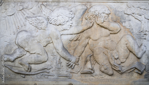 Ornaments, moldings, gargoyle, low reliefs in a sandstone, granite, concrete. sculpting details in Gdansk (Danzig).  Mariacka street (Mariengasse).