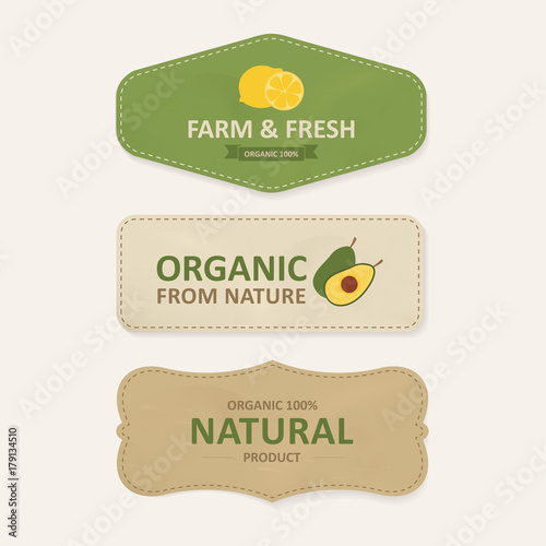natural label and organic label green color and paper kraft. vintage banner and badges design.