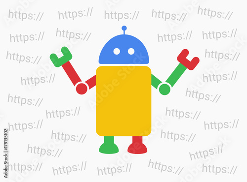 Bot and web robot is choosing internet domain - indexation and finding of pages and webpages on online net and www site. Process of web search engine service. Vector illustration