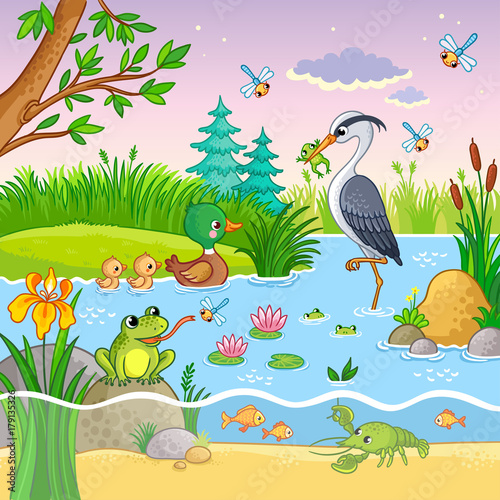 Vector set with nature and animals in the children's cartoon style. Lovely crawfish and fish on water.