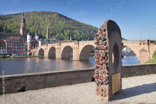 Heidelberger Liebesstein Rock, Karl-Theodor-Bridge (Old Bridge), Gate and Heilig Geist Church, Heidelberg, Baden-Wurttemberg, Germany photo