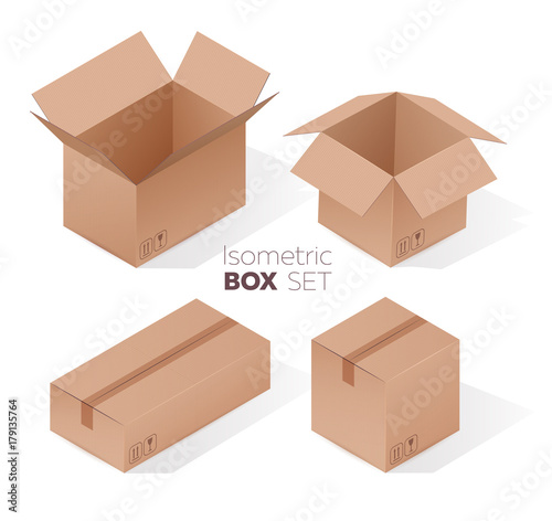 Isometric cardboard box set with realistic 3d effect. Vector illustration on white background.