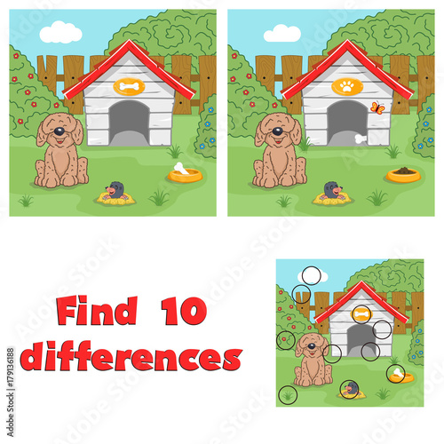 Find 10 differences game for children. Puppy near his house.