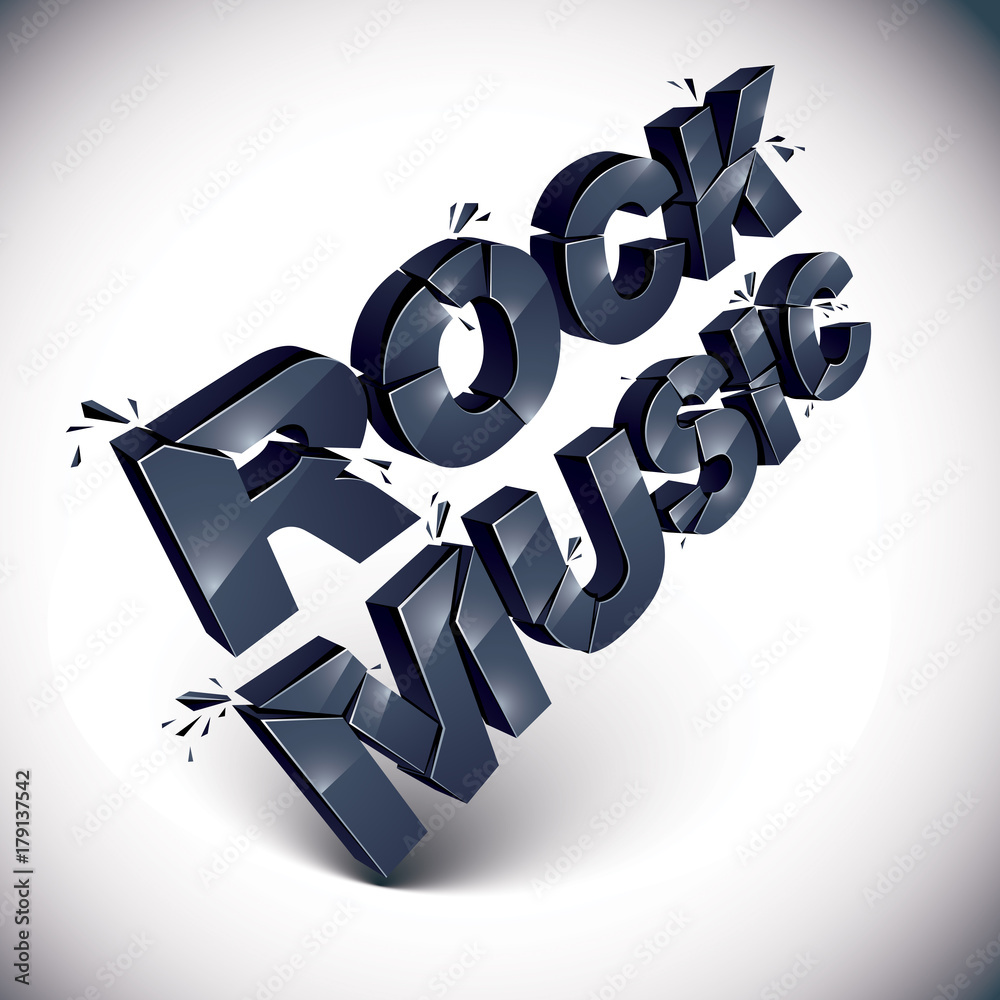 Dimensional black shattered vector rock word, contemporary musical style design element in explosion effect. 3d wrecked letters.