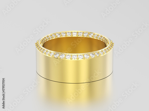 3D illustration yellow gold elegant illusion decorative diamond ring with shadow and reflection