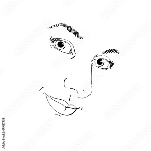 Hand-drawn art portrait of white-skin romantic woman, face emotions theme illustration. Beautiful lady posing on white background, delicate visage features.