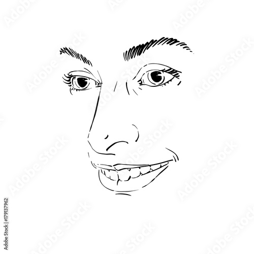 Vector art drawing, portrait of gorgeous happy smiling girl isolated on white. Facial expressions, people positive emotions, features of lady visage.