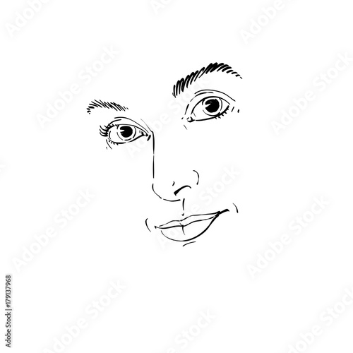 Creative hand-drawn art portrait of white-skin melancholic lady, silhouette of woman face.  Face emotions theme illustration. Beautiful girl posing on white background, outline.